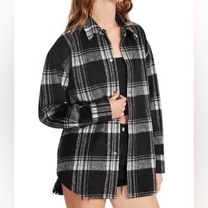 STEVE MADDEN Sophia Plaid Shirt Jacket Shacket Oversized Fit XS BLACK IVORY